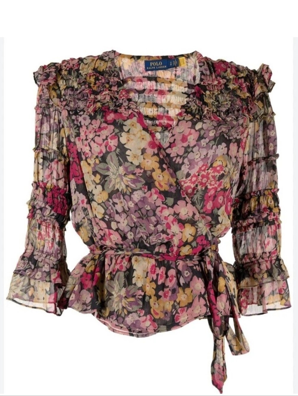 NEW Polo Ralph Lauren V- Neck Dark Floral Wrap Top Sz Large Peplum Semi Sheer